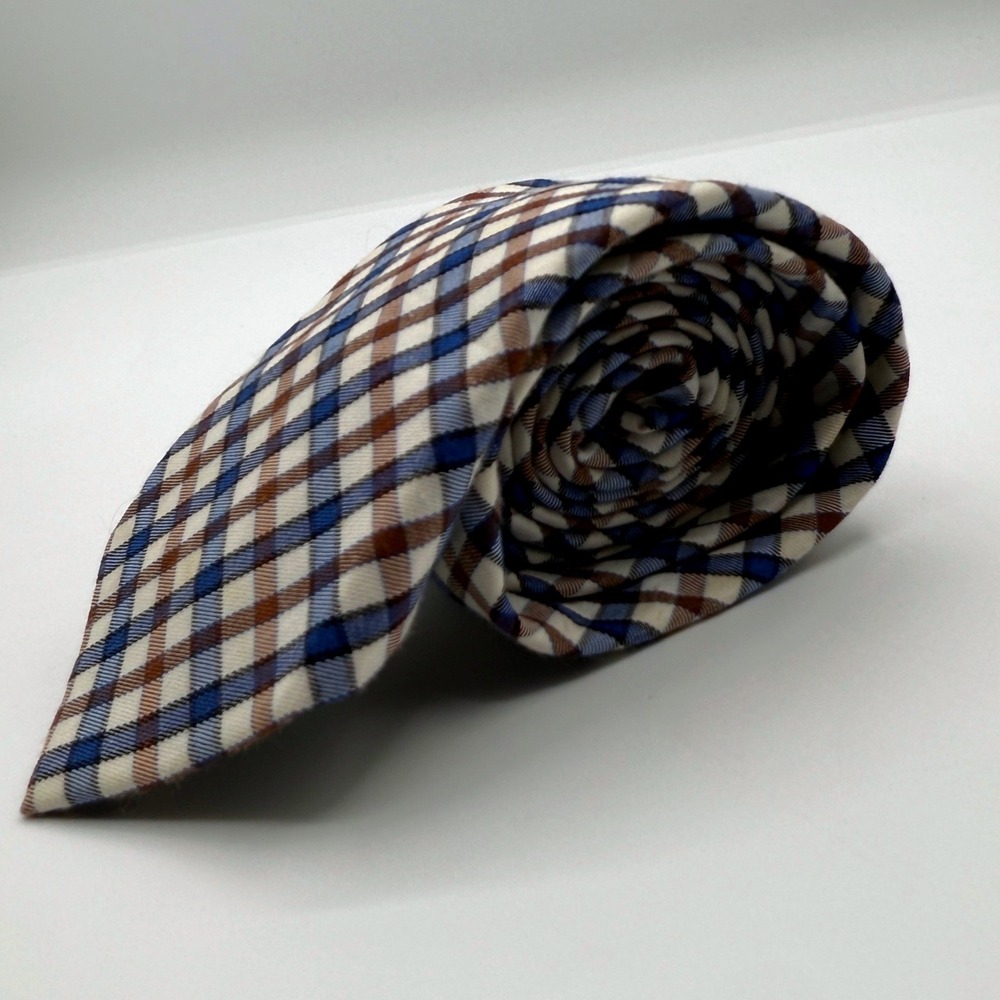 Croft & Barrow Mens Neck Tie Blue Brown Plaid Polyester Cotton Blend